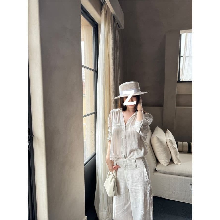 Loose striped polo collar long-sleeved fashion shirt women's summer casual chic shirt niche versatile vest top 7