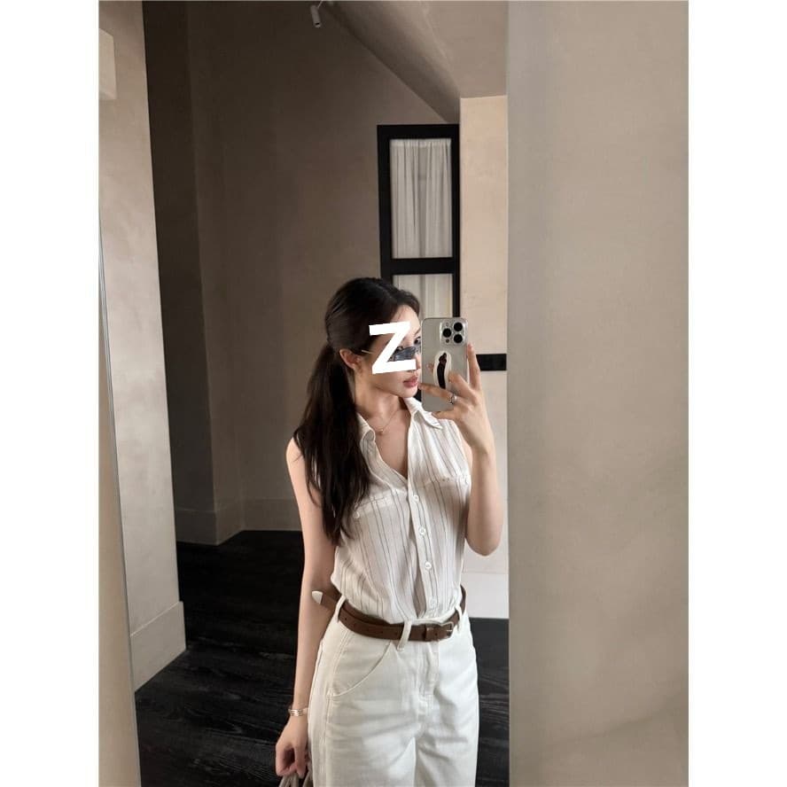 Loose striped polo collar long-sleeved fashion shirt women's summer casual chic shirt niche versatile vest top 8