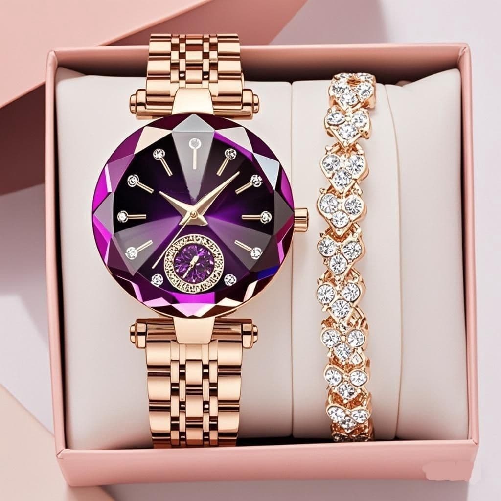 Cross-border hot-selling steel band watch features spire glass gradient diamond face ladies business accessories set quartz watch 4