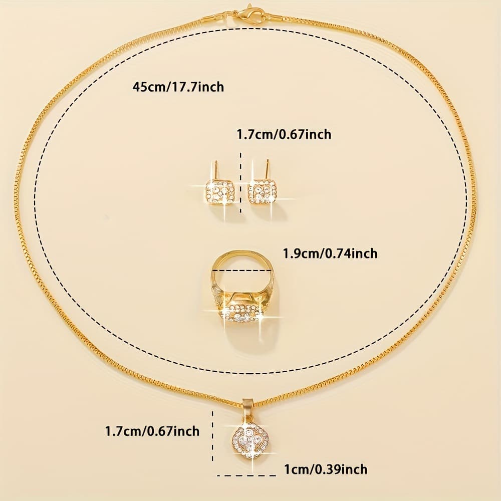 Light luxury diamond necklace ring earrings 3-piece set fashionable simple versatile square jewelry set pendant necklace for women 4