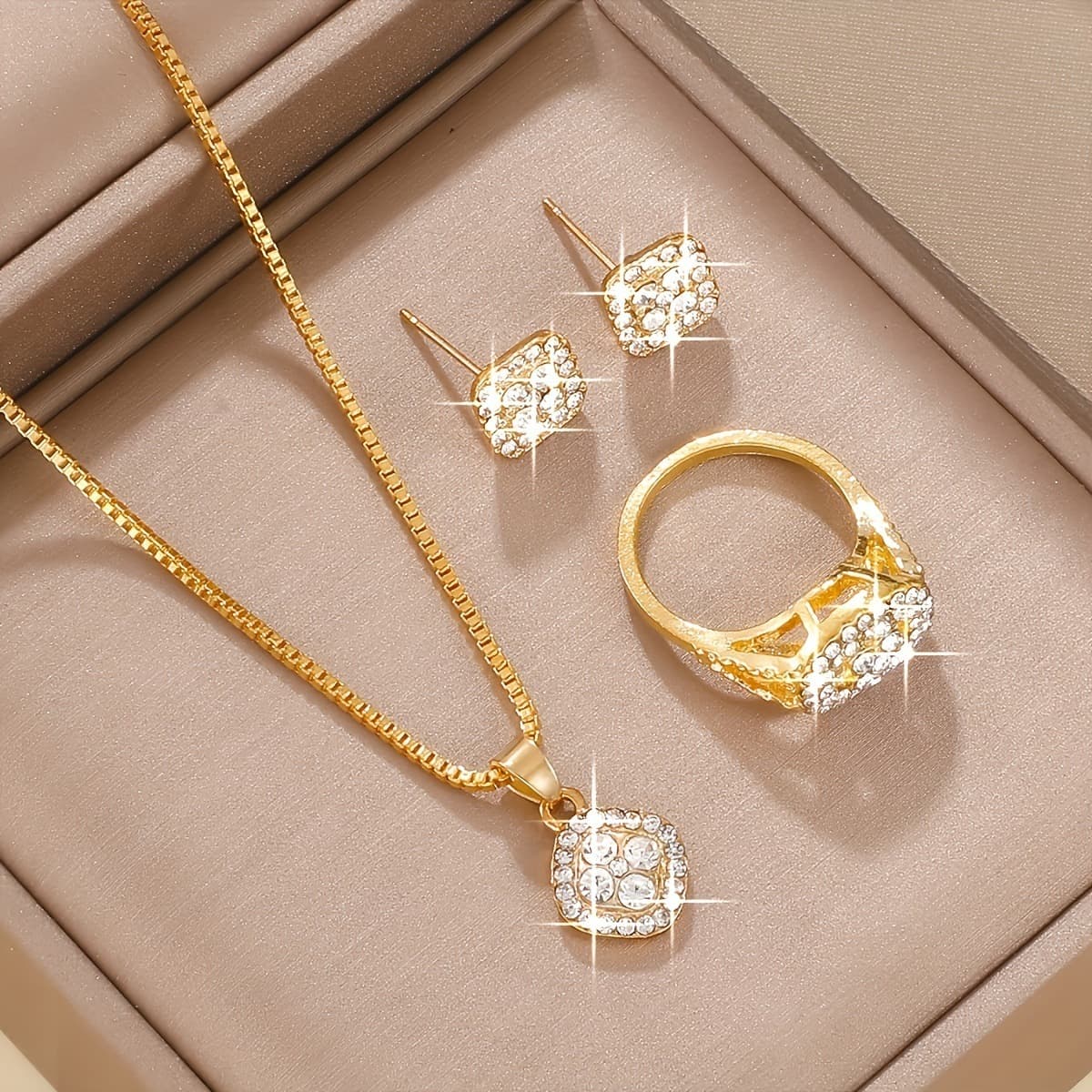 Light luxury diamond necklace ring earrings 3-piece set fashionable simple versatile square jewelry set pendant necklace for women 1