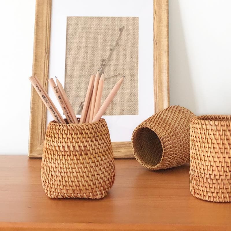 Vietnamese rattan straw desktop storage office stationery makeup pen holder storage box handmade retro tea ceremony six gentlemen 6