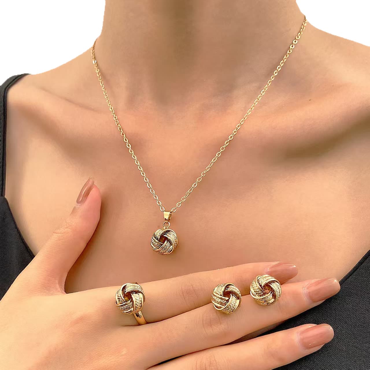 Cross-border European and American ins style twisted knot jewelry necklace earrings ring set temperament light luxury high-end jewelry 5