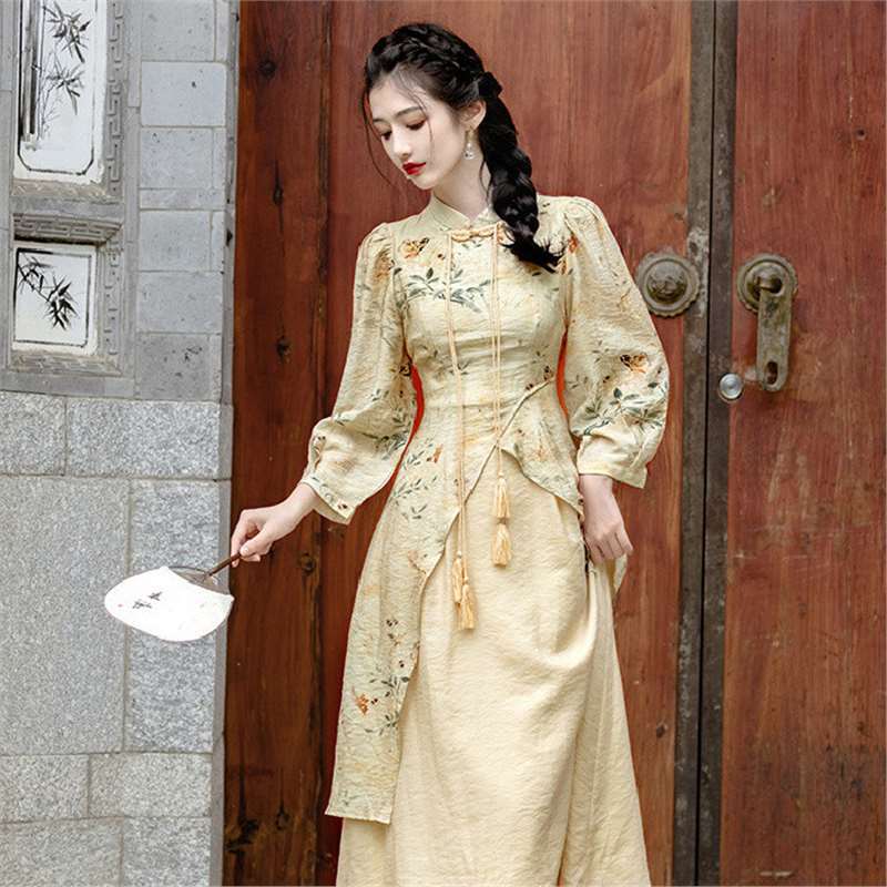New Chinese style buckle cheongsam dress women's spring and autumn new national style retro improved version dress waist long skirt 2