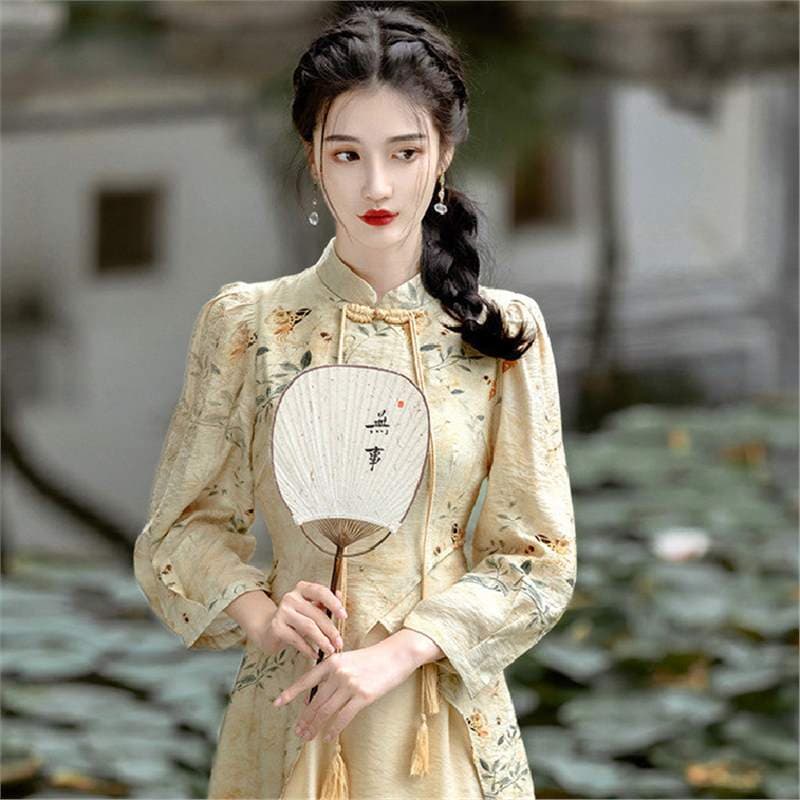 New Chinese style buckle cheongsam dress women's spring and autumn new national style retro improved version dress waist long skirt 3