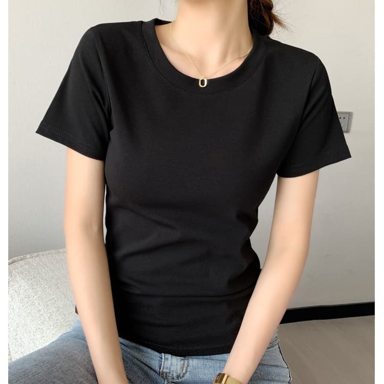 230G heavyweight pure cotton right shoulder slim short-sleeved T-shirt for women basic round neck slim inner half-sleeved bottoming top 4