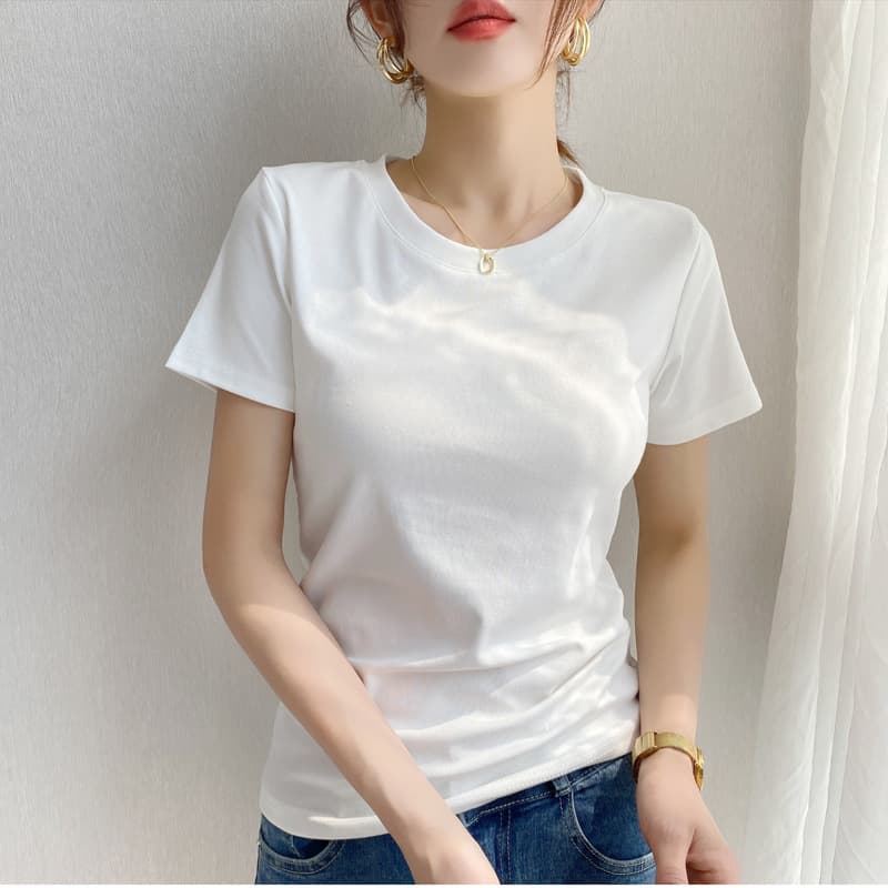 230G heavyweight pure cotton right shoulder slim short-sleeved T-shirt for women basic round neck slim inner half-sleeved bottoming top 7