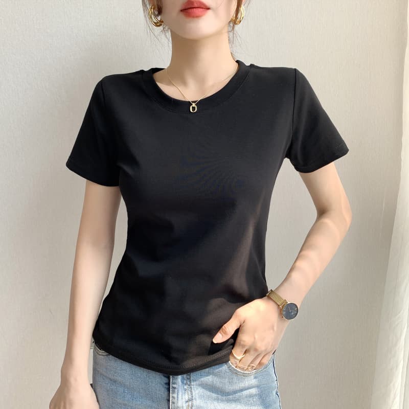 230G heavyweight pure cotton right shoulder slim short-sleeved T-shirt for women basic round neck slim inner half-sleeved bottoming top 8