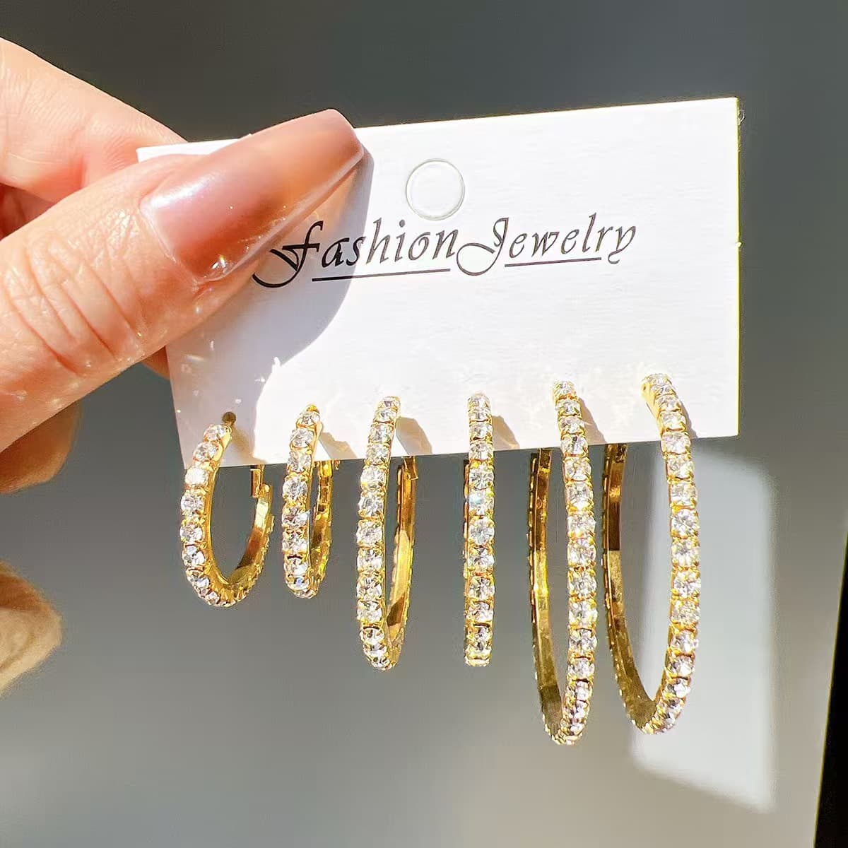 European and American fashion shiny C-shaped earrings, high-end, creative, simple rhinestones, exaggerated large, medium and small C-shaped earrings, 3 pairs 5