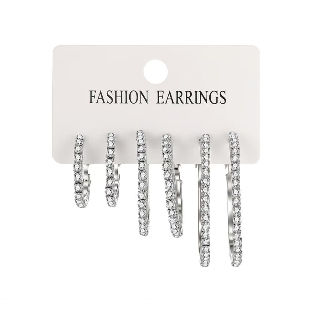 European and American fashion shiny C-shaped earrings, high-end, creative, simple rhinestones, exaggerated large, medium and small C-shaped earrings, 3 pairs 9