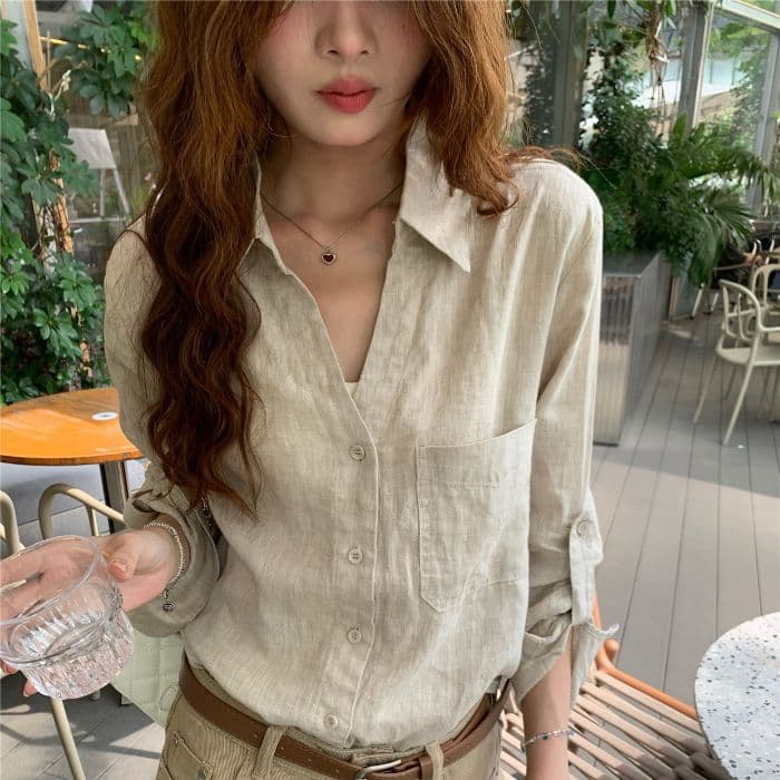 Original hemp color linen old money style shirt women's summer thin style relaxed design V-neck cotton and linen shirt sun protection top 7