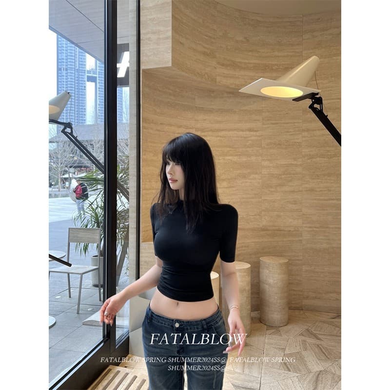 Sexy hot girl black mid-sleeve T-shirt women's summer pure lust style slim short tight right shoulder short-sleeved top 7