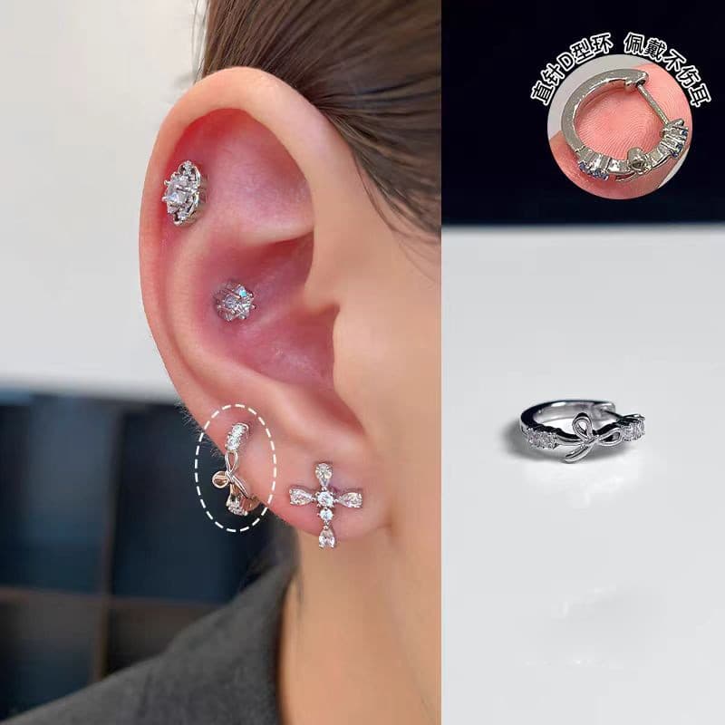Colorful zircon double-ear pierced earrings, ear bone nails, medical titanium steel earrings, titanium steel earrings, sleep-free zircon earrings 9