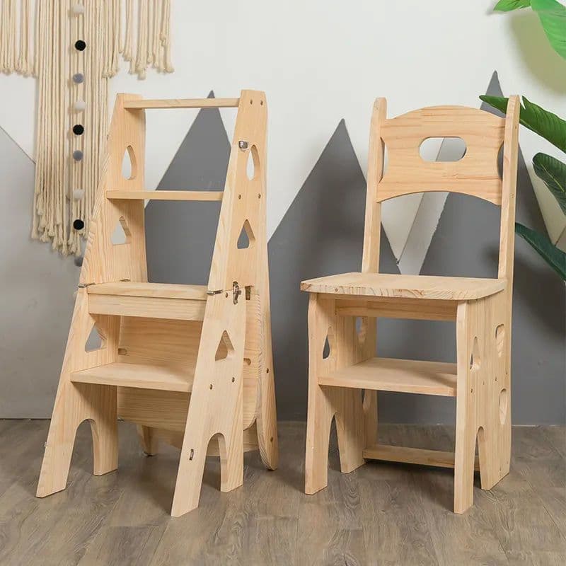 Solid wood household foldable telescopic ladder chair dual-purpose ladder stool indoor multi-functional herringbone climbing stair storage shelf 4