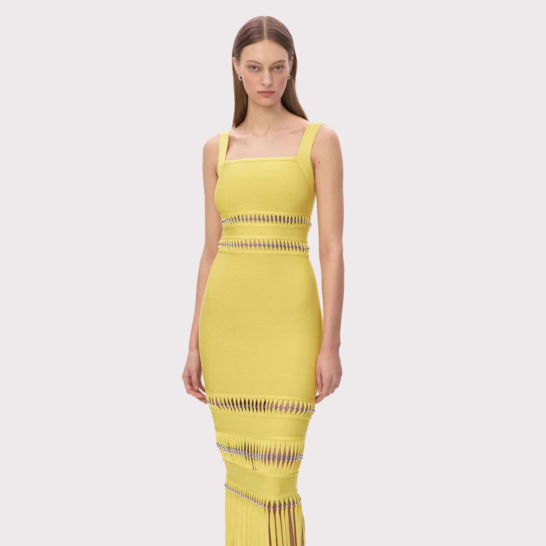​​Cross-border hot style bandage thin straps decorated with sequins and tassels slim evening dress nightclub party style long skirt​ 2