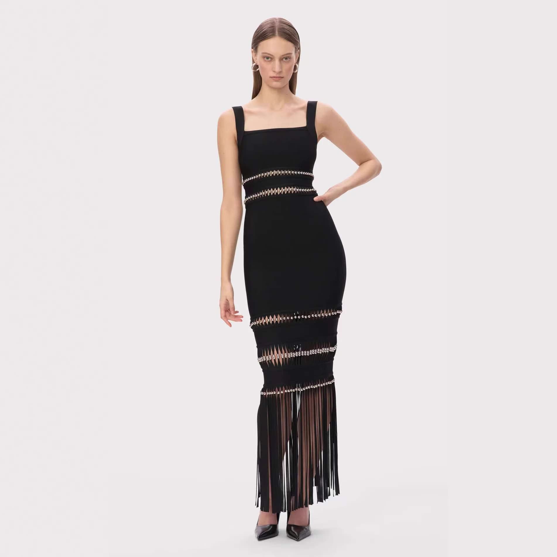 ​​Cross-border hot style bandage thin straps decorated with sequins and tassels slim evening dress nightclub party style long skirt​ 3
