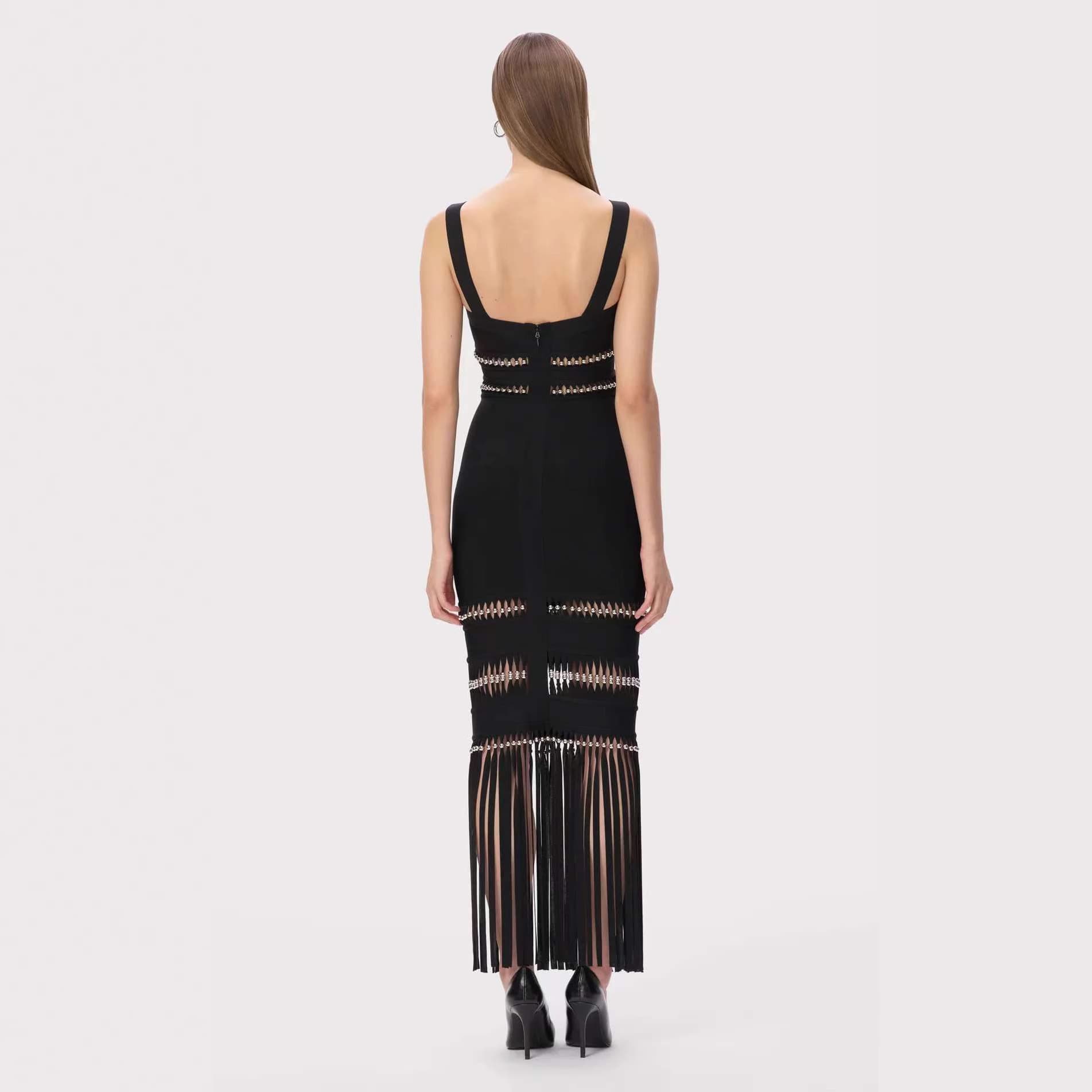 ​​Cross-border hot style bandage thin straps decorated with sequins and tassels slim evening dress nightclub party style long skirt​ 4