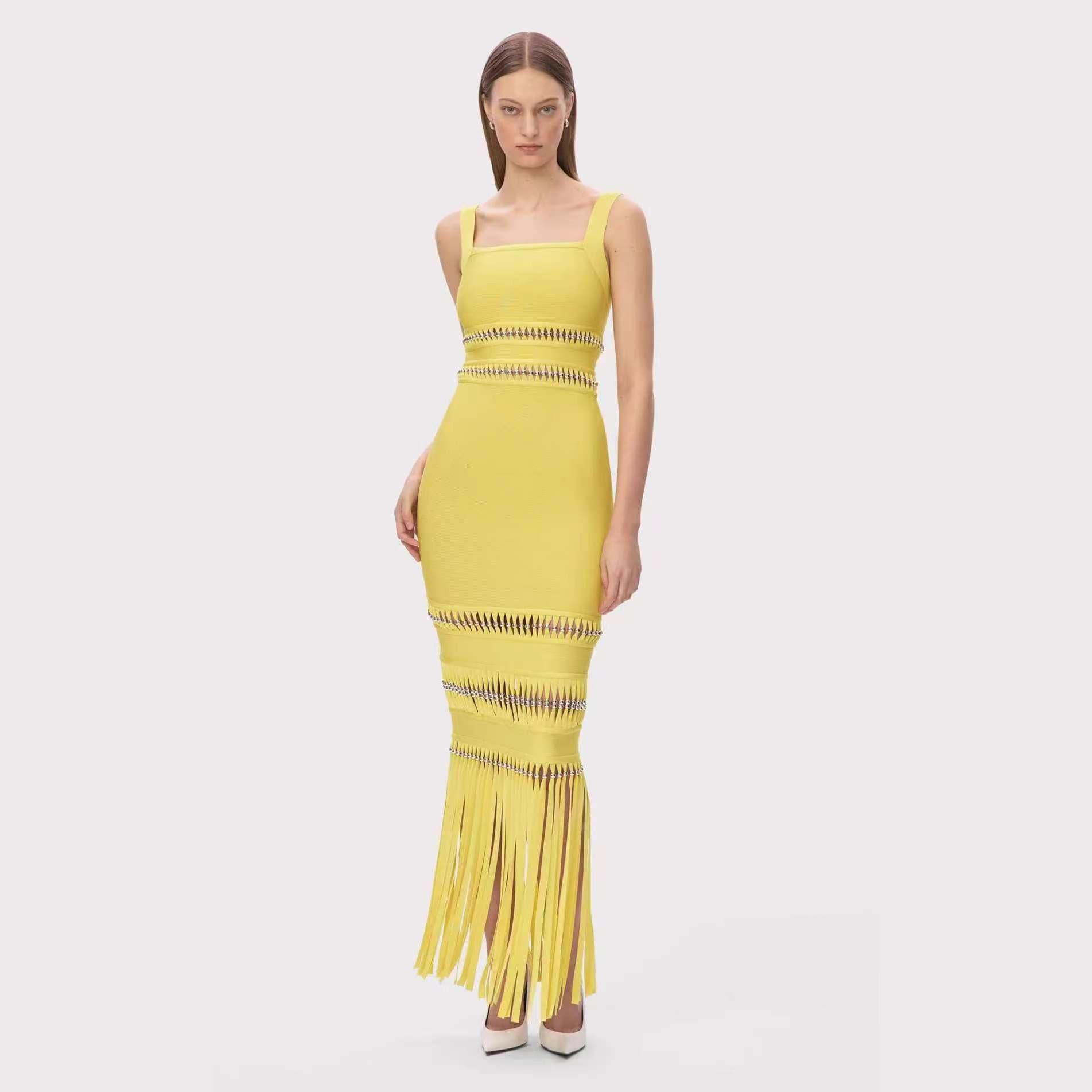 ​​Cross-border hot style bandage thin straps decorated with sequins and tassels slim evening dress nightclub party style long skirt​ 1