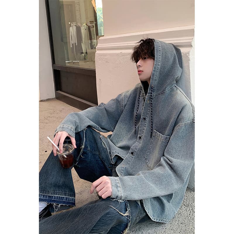 American retro hooded blue denim shirt men's washed distressed design advanced layered shirt jacket jacket 7