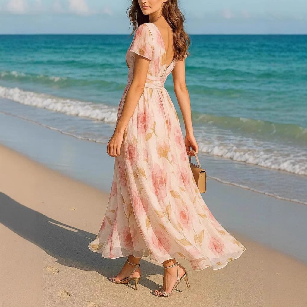 2025 European and American new high-waist printed French short-sleeved dress holiday evening dress gentle, sweet and fresh 4
