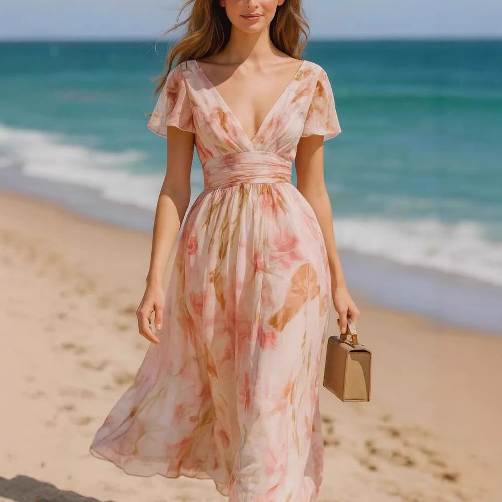 2025 European and American new high-waist printed French short-sleeved dress holiday evening dress gentle, sweet and fresh 5