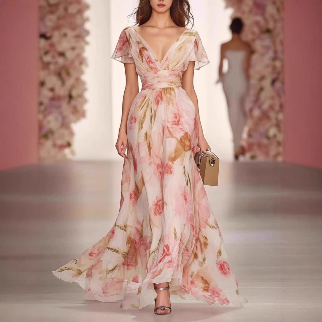2025 European and American new high-waist printed French short-sleeved dress holiday evening dress gentle, sweet and fresh 1
