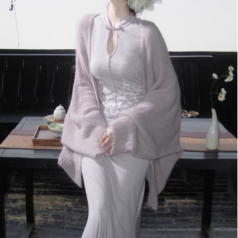 [Porcelain Flowers] New Chinese style retro buckle cheongsam slim dress with soft waxy knitted cardigan suit skirt 3
