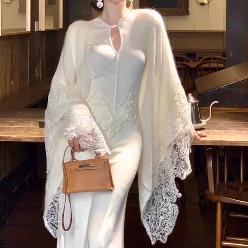 [Porcelain Flowers] New Chinese style retro buckle cheongsam slim dress with soft waxy knitted cardigan suit skirt 5