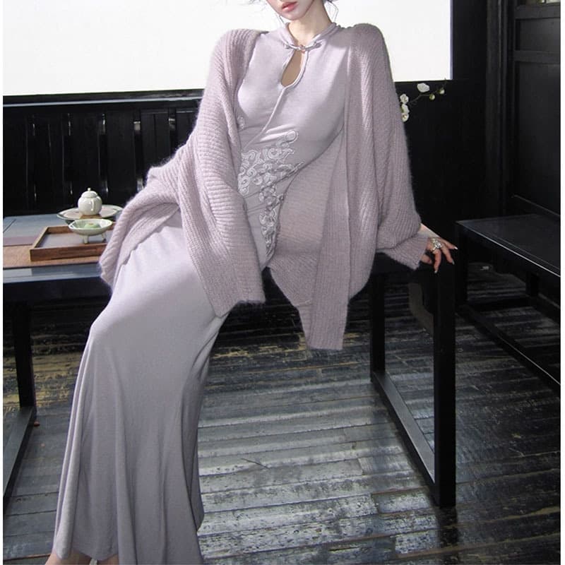 [Porcelain Flowers] New Chinese style retro buckle cheongsam slim dress long A-line skirt 2025 autumn new style