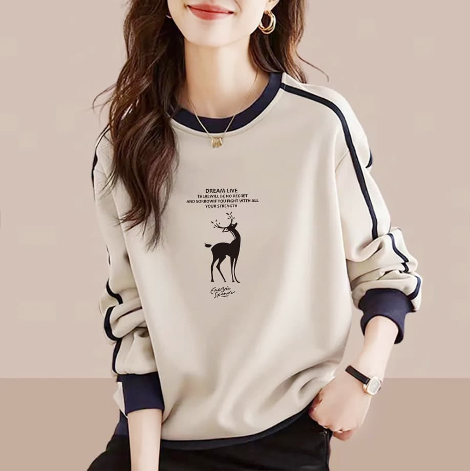 Branded pure cotton long-sleeved printed sweatshirt for women in spring, fashionable and versatile, artistic age-reducing color-blocked tops 2