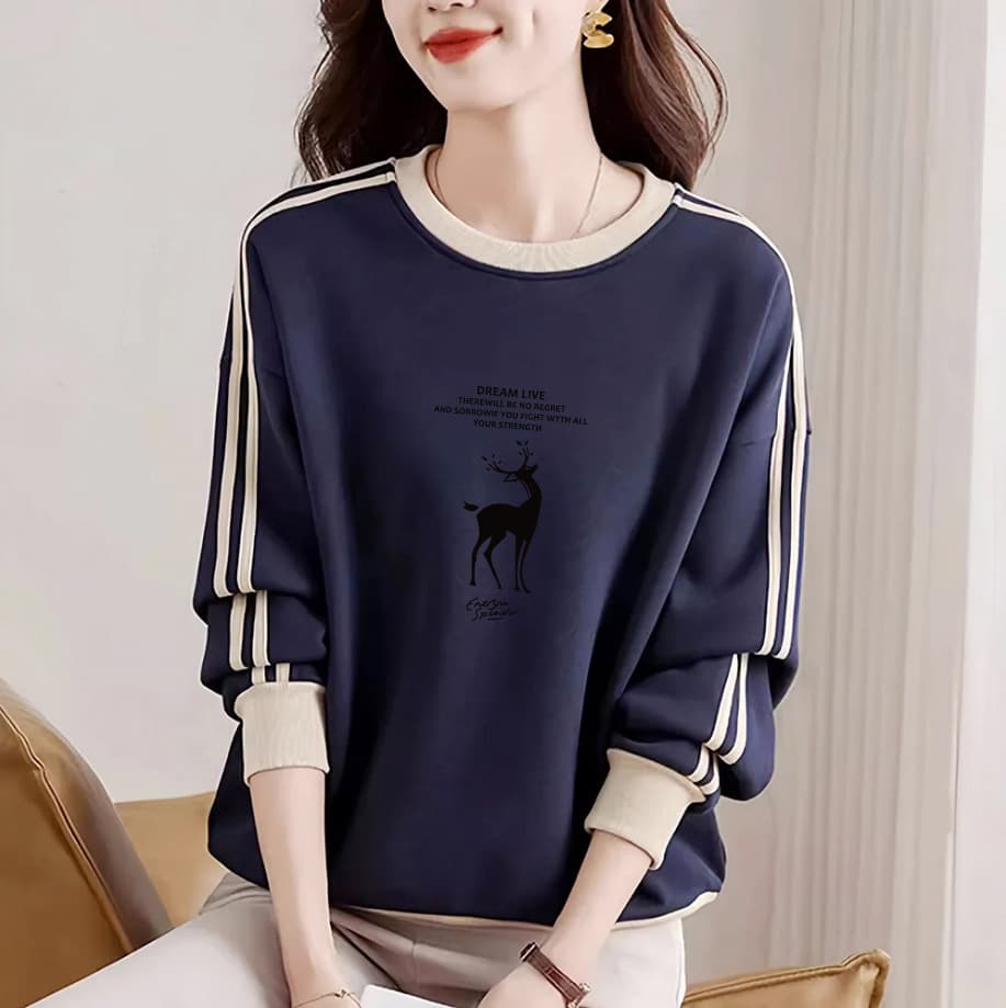 Branded pure cotton long-sleeved printed sweatshirt for women in spring, fashionable and versatile, artistic age-reducing color-blocked tops 3