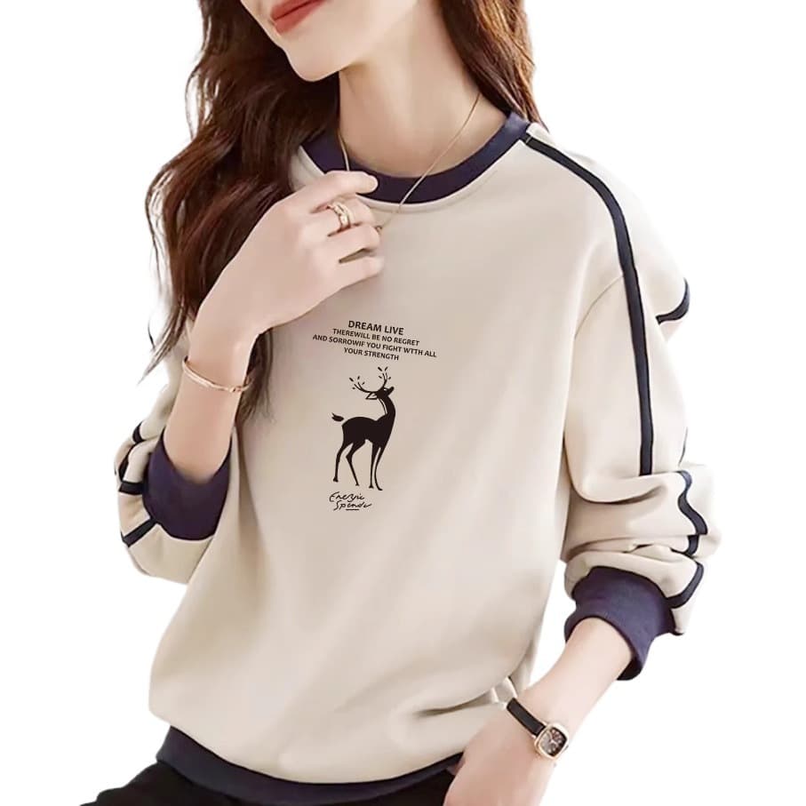 Branded pure cotton long-sleeved printed sweatshirt for women in spring, fashionable and versatile, artistic age-reducing color-blocked tops 6