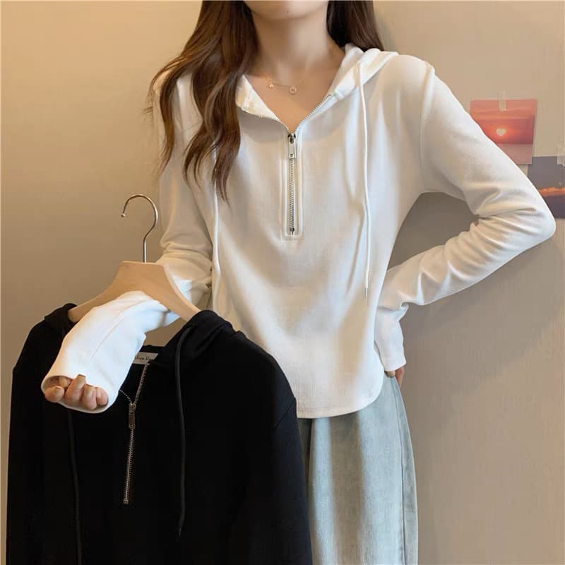 Hooded sweatshirt women's long-sleeved autumn new Korean style large size slim short zipper versatile slim top for women 2