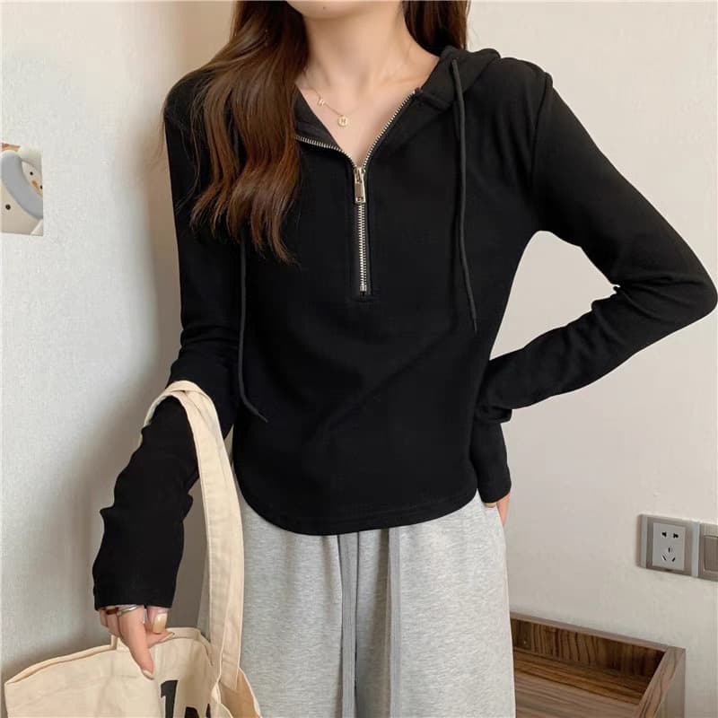 Hooded sweatshirt women's long-sleeved autumn new Korean style large size slim short zipper versatile slim top for women 3