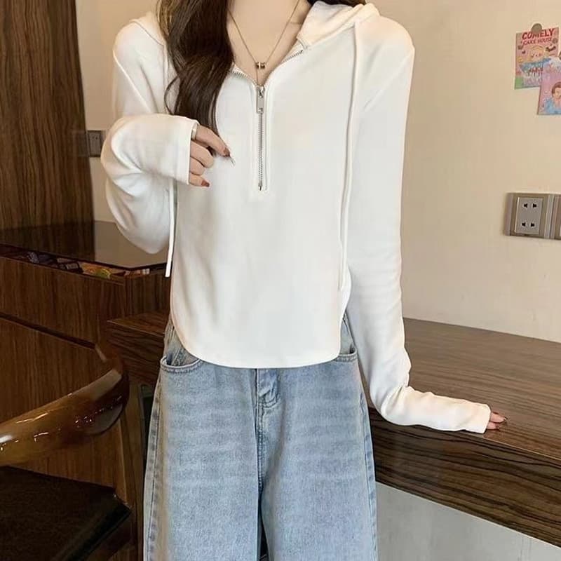 Hooded sweatshirt women's long-sleeved autumn new Korean style large size slim short zipper versatile slim top for women 4