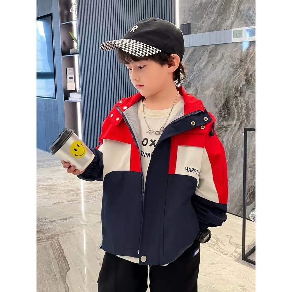 Boys' coats, spring and autumn fashionable patchwork windbreakers, windproof jackets, trendy tops, handsome middle-aged and older children's trendy jackets 2