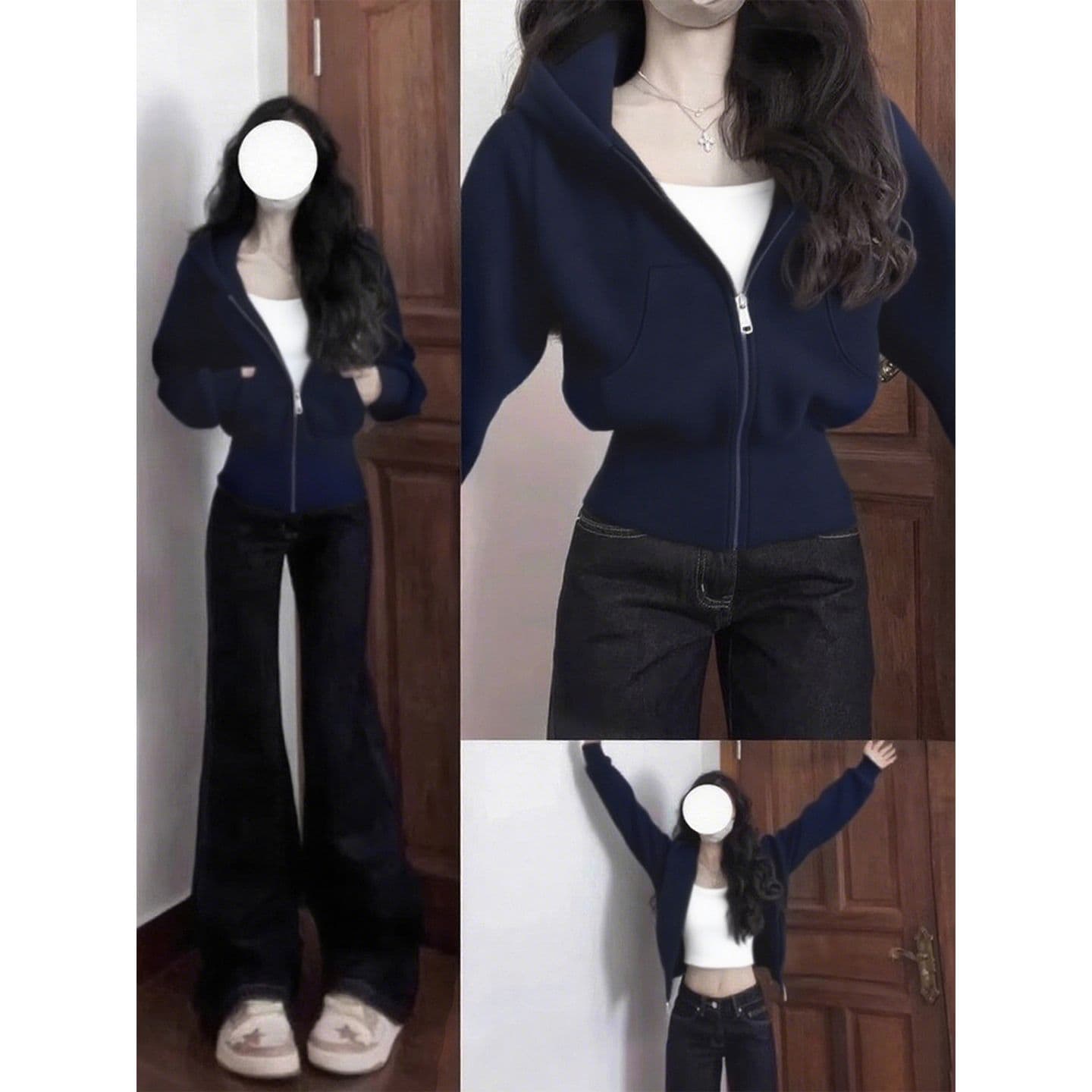 Navy Slim Short Sweatshirt Jacket Women's Autumn New Waist Slimming Top Korean Versatile Sports Cardigan 5