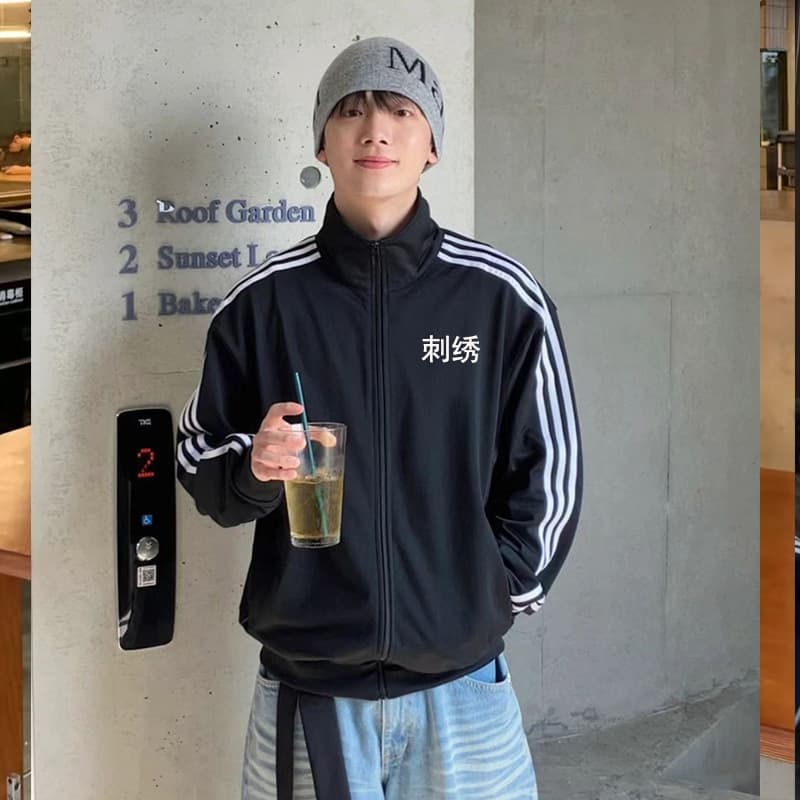 Korean style golden winter same style coat three stripes three leaves embroidery stand collar cardigan sweatshirt jacket tops for men and women 4
