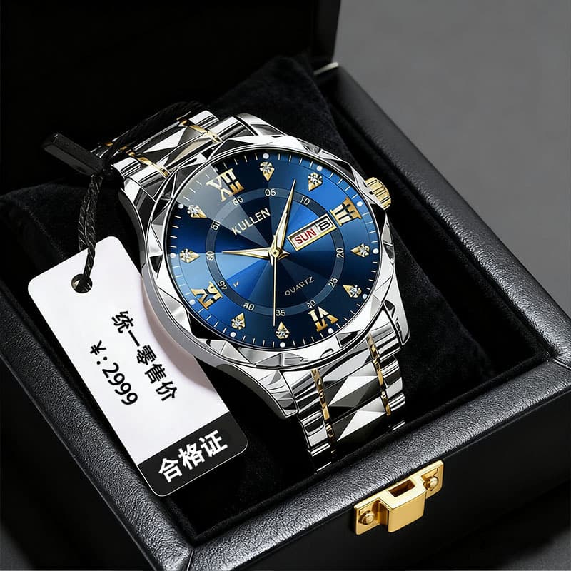 Double calendar new men's business watch, high-end temperament, diamond-set large dial, luminous quartz watch, men's watch 2