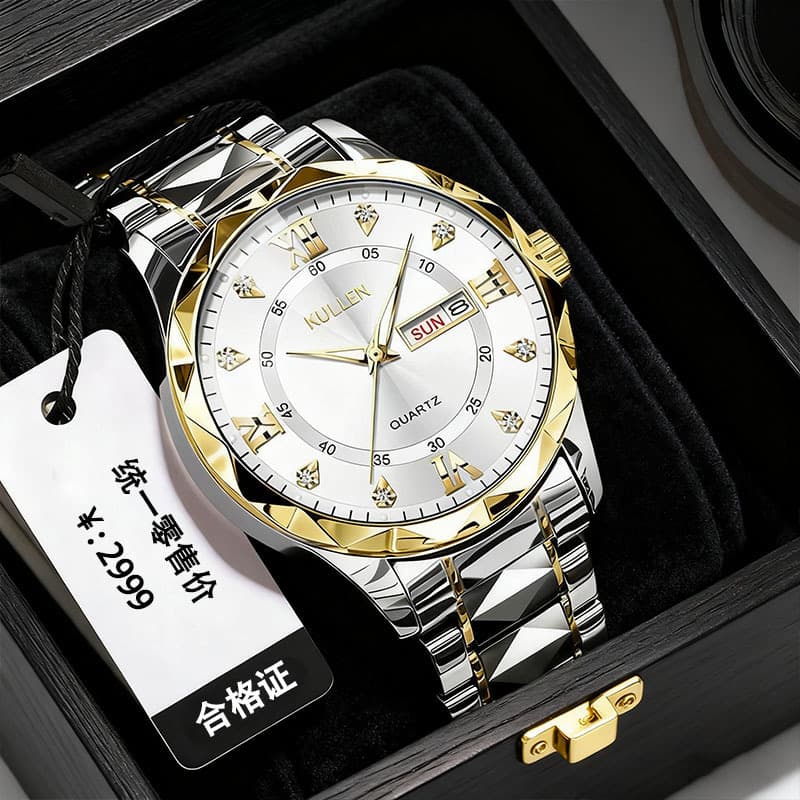 Double calendar new men's business watch, high-end temperament, diamond-set large dial, luminous quartz watch, men's watch 7