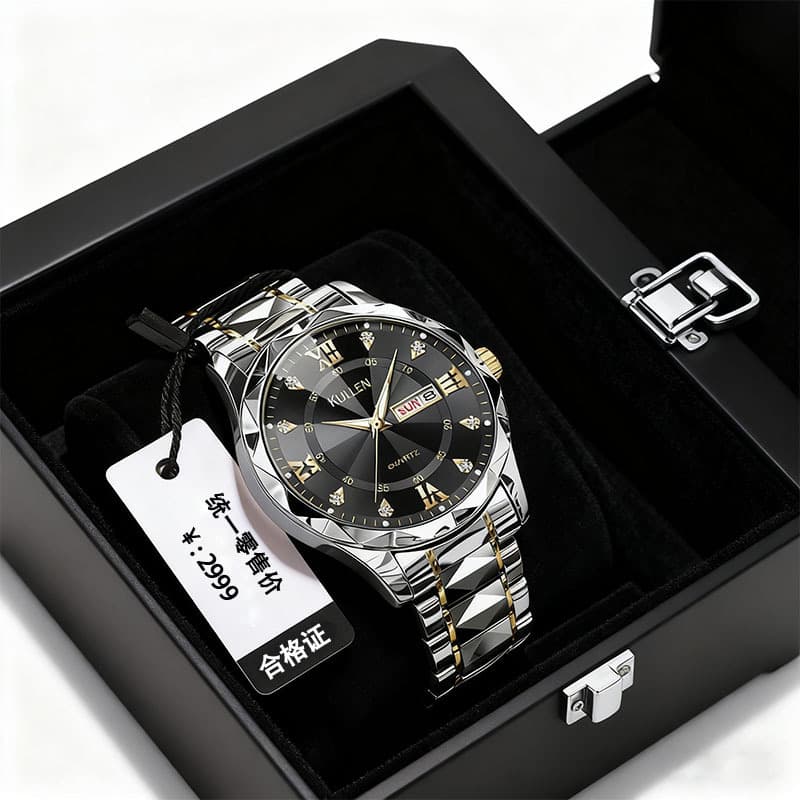 Double calendar new men's business watch, high-end temperament, diamond-set large dial, luminous quartz watch, men's watch 9