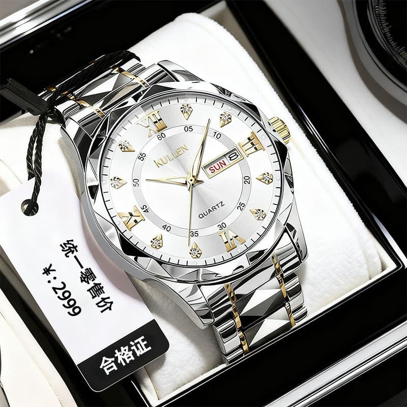 Double calendar new men's business watch, high-end temperament, diamond-set large dial, luminous quartz watch, men's watch 10