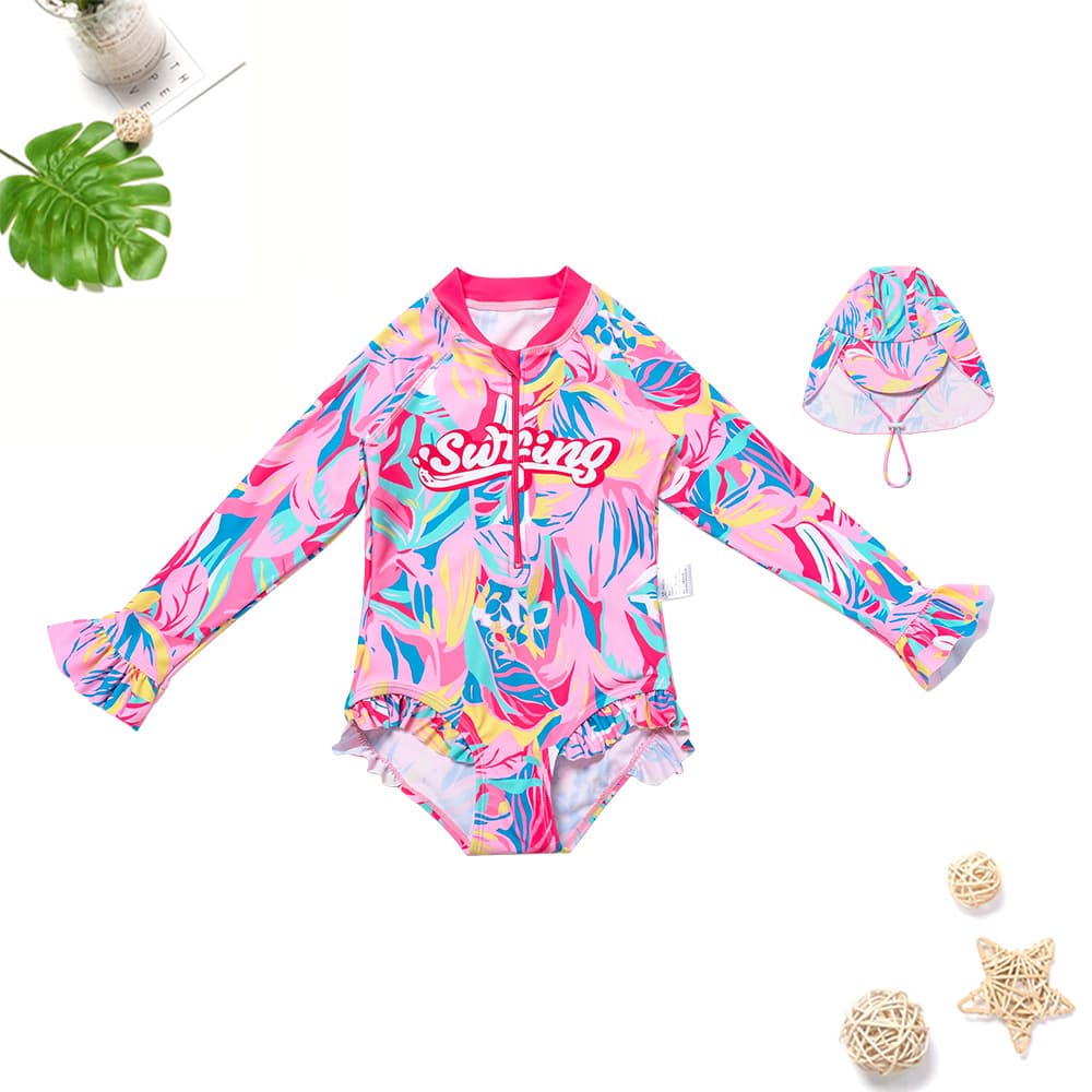 Children and girls category A pink cute flower swimsuit UPF50+ quick-drying long-sleeved triangle one-piece swimsuit 2