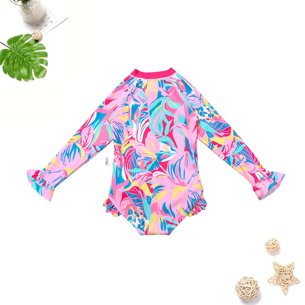 Children and girls category A pink cute flower swimsuit UPF50+ quick-drying long-sleeved triangle one-piece swimsuit 3