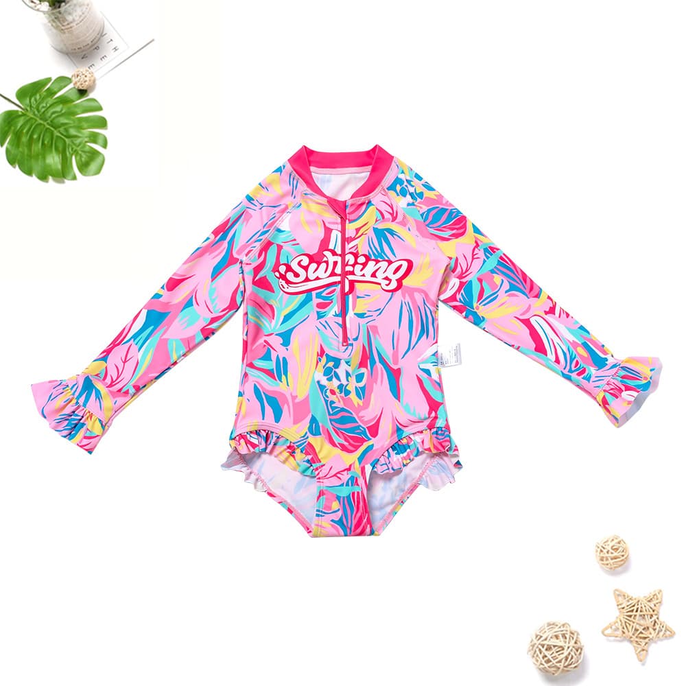Children and girls category A pink cute flower swimsuit UPF50+ quick-drying long-sleeved triangle one-piece swimsuit 4