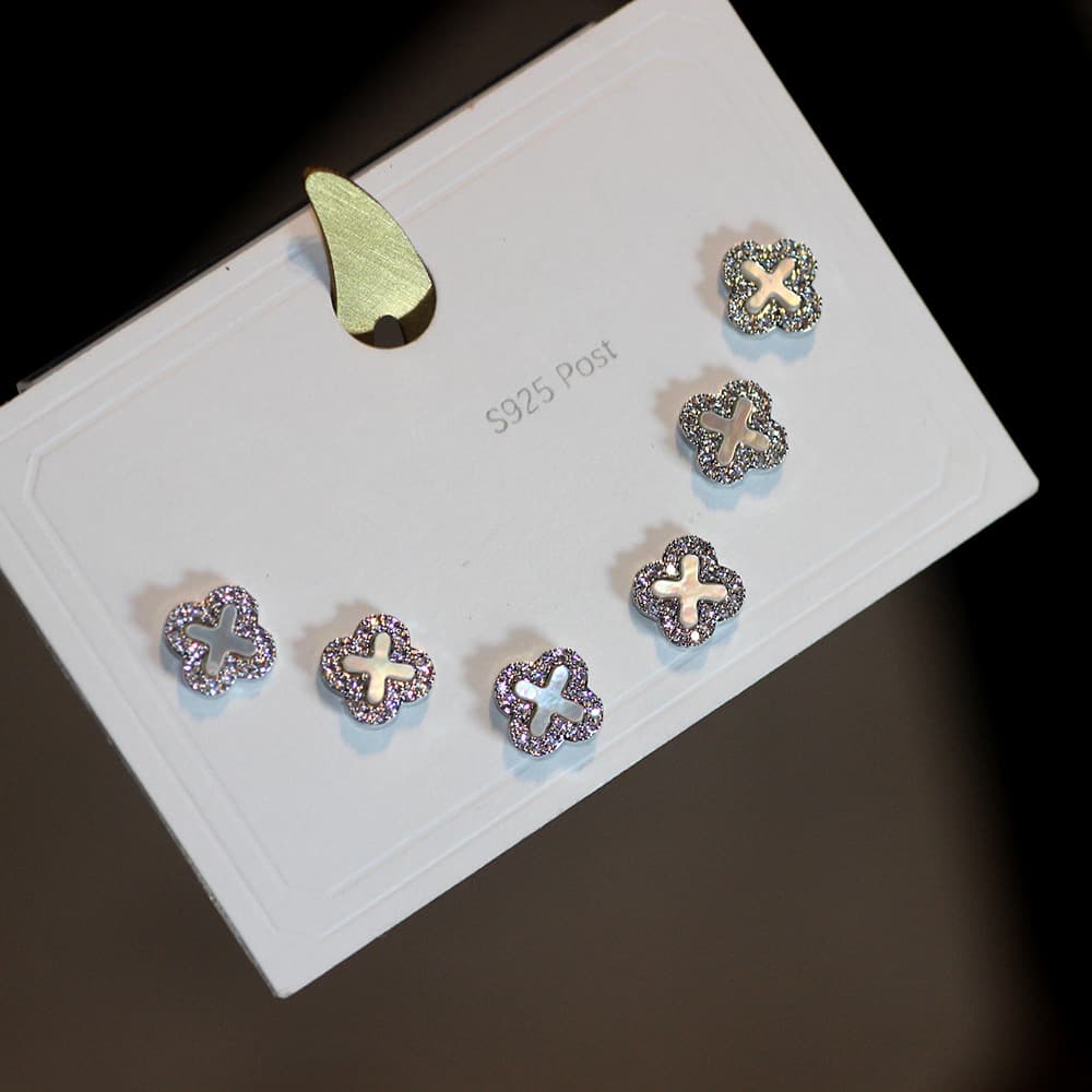 Natural shell geometric square heart-shaped earrings, one card, three pairs of 925 silver needles, daily wear earrings for women 79101 2