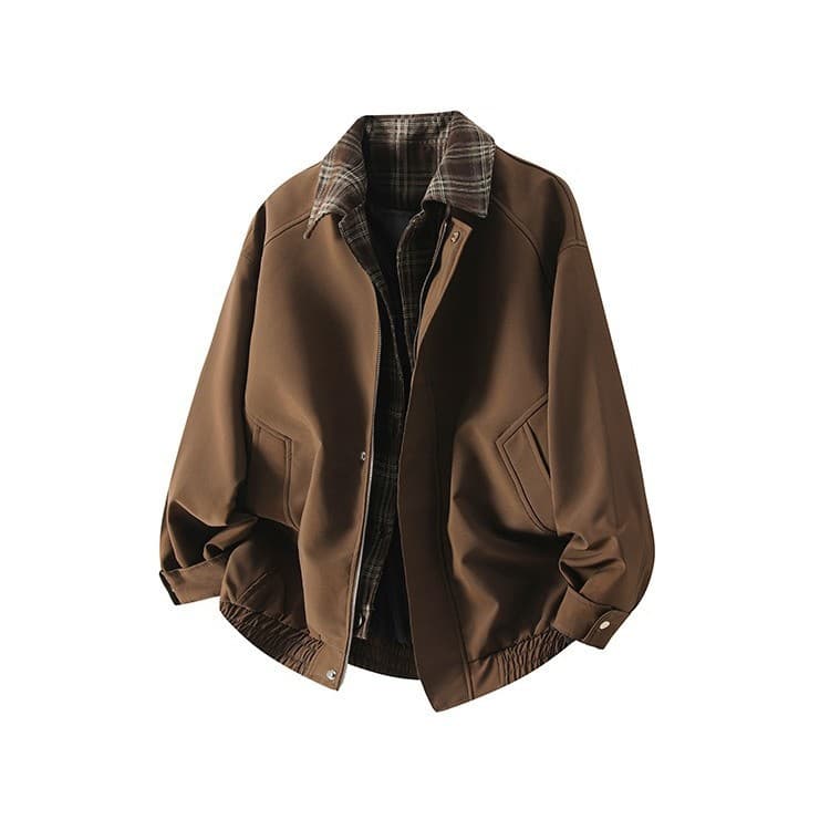 American Brown Flight Jacket Men's Spring Trendy Brand Plaid Splicing Lapel Baseball Uniform High Street Retro Barn Style Jacket 6