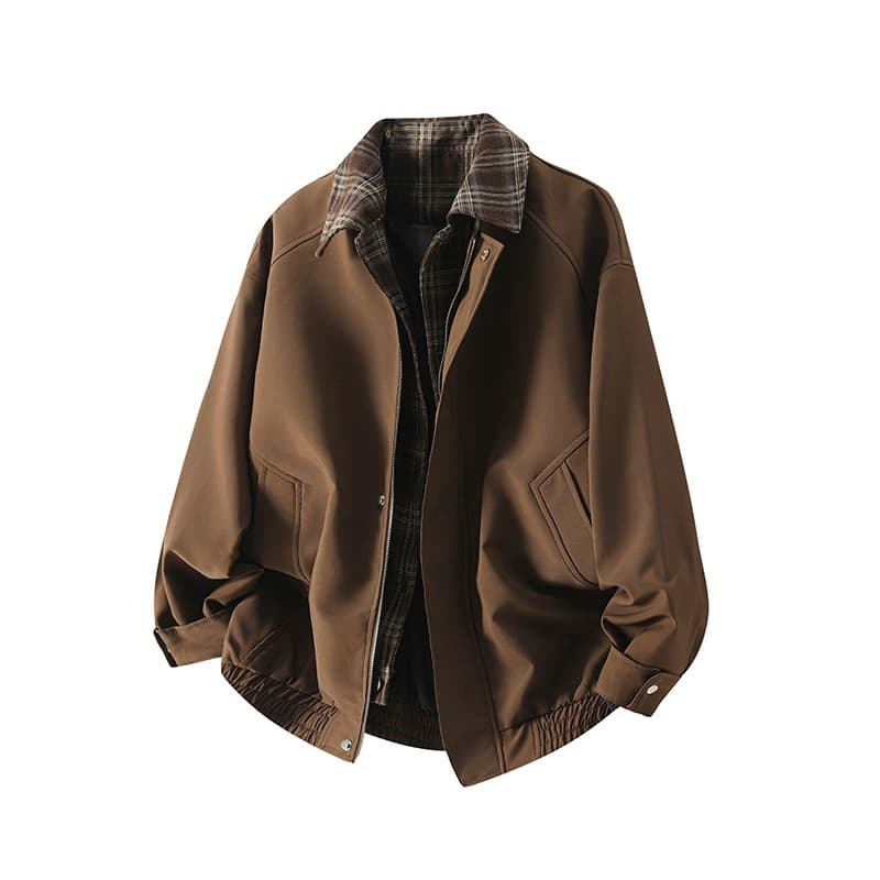 American Brown Flight Jacket Men's Spring Trendy Brand Plaid Splicing Lapel Baseball Uniform High Street Retro Barn Style Jacket 1