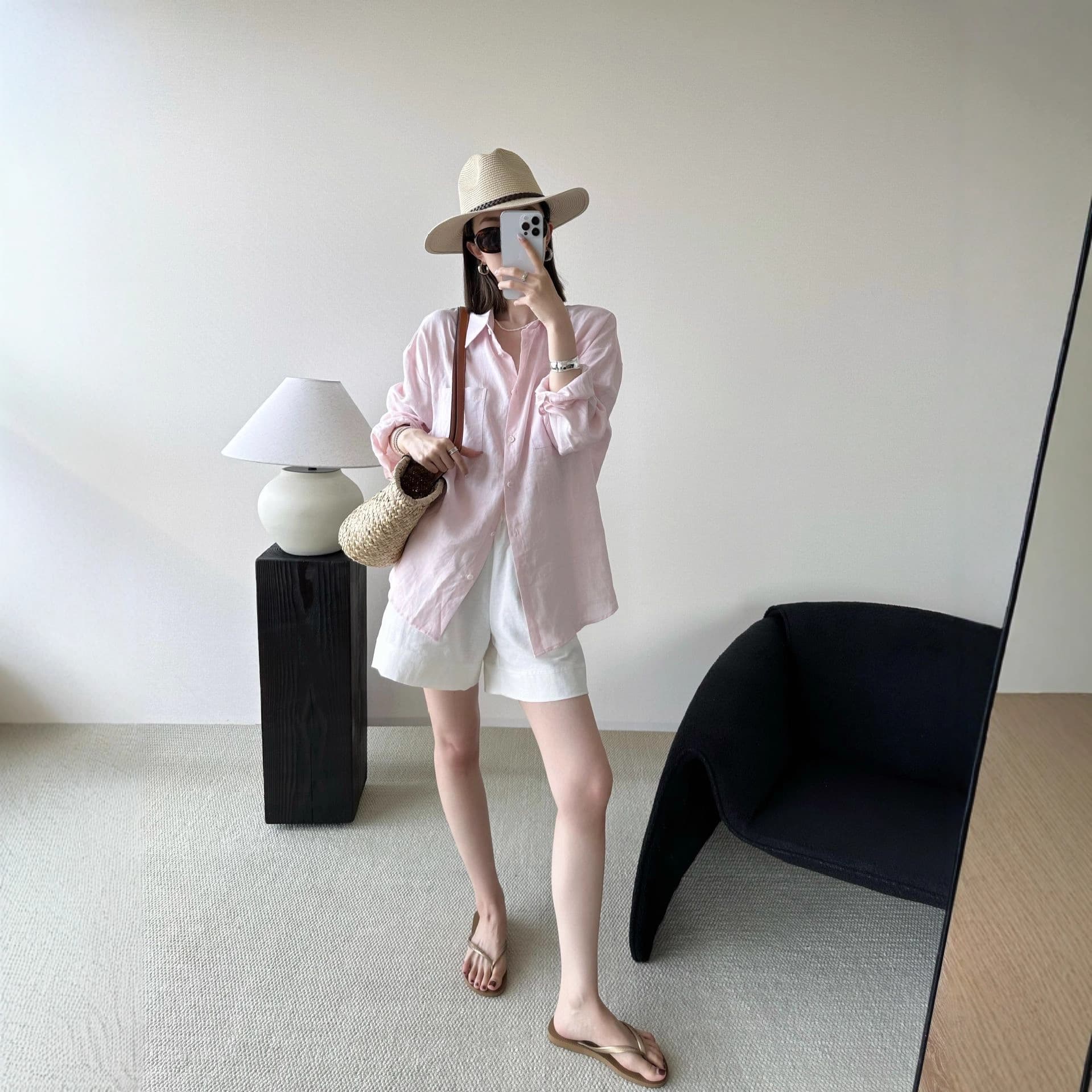 High-end cotton and linen long-sleeved light pink shirts for women, loose and elegant cotton and linen shirts 3