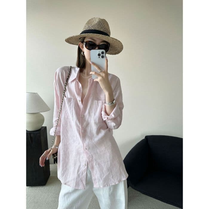 High-end cotton and linen long-sleeved light pink shirts for women, loose and elegant cotton and linen shirts 7